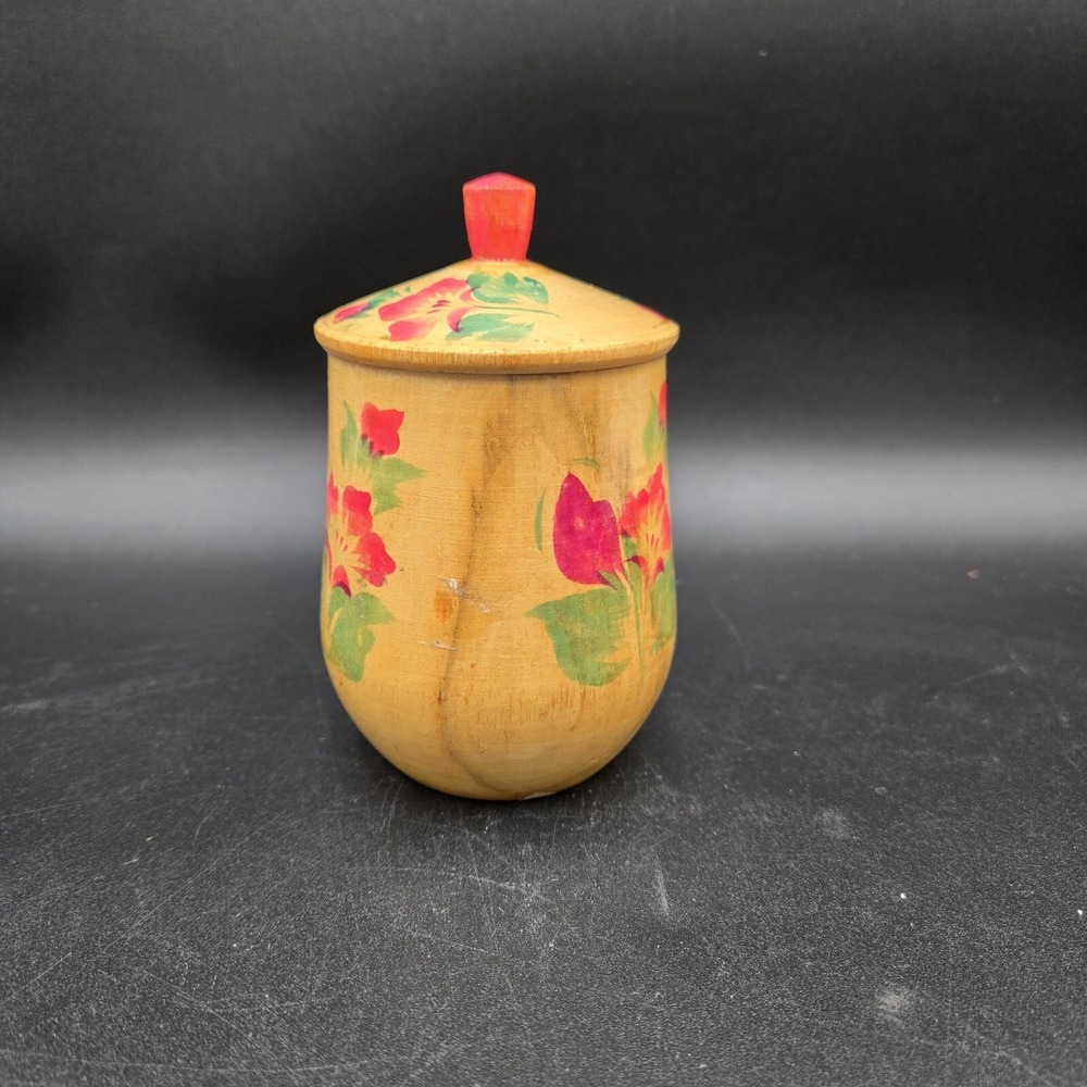 Vtg‎ Russian ? Ukranian Wooden Container Vase with Lid Folk Art Pink Floral - Picture 3 of 13